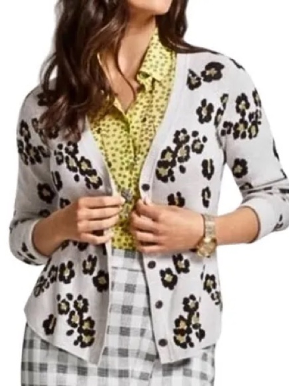 CAbi White Leopard Print V-Neck Button Cardigan with Black and Gold Spots